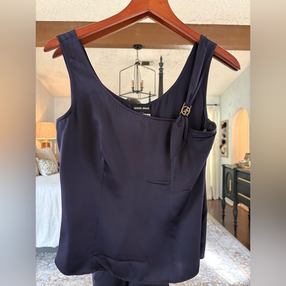 Giorgio Armani Deep Navy Silk Sleeveless Top with Armani logo hardware.